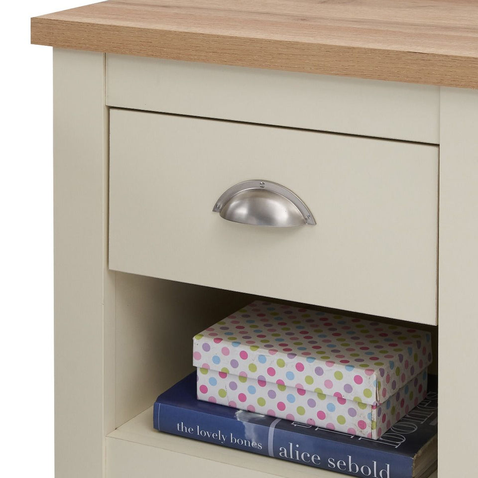 Cream Nightstand with 1 Drawer Versatile Bedside Table with Oak Effect Top & Shelf