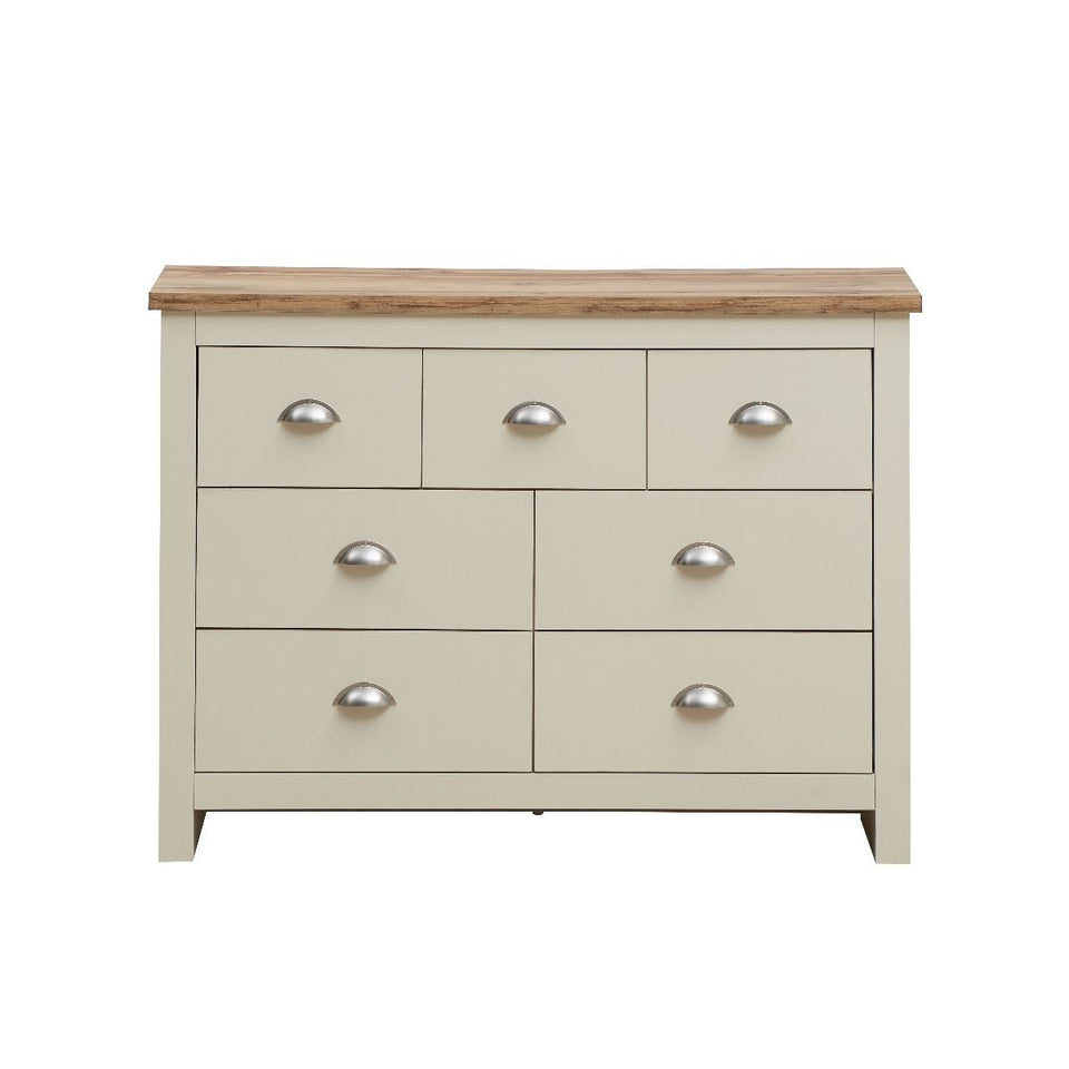Cream Chest of 7 Drawers Bedroom Furniture Storage with Oak Effect Top and Steel Handles