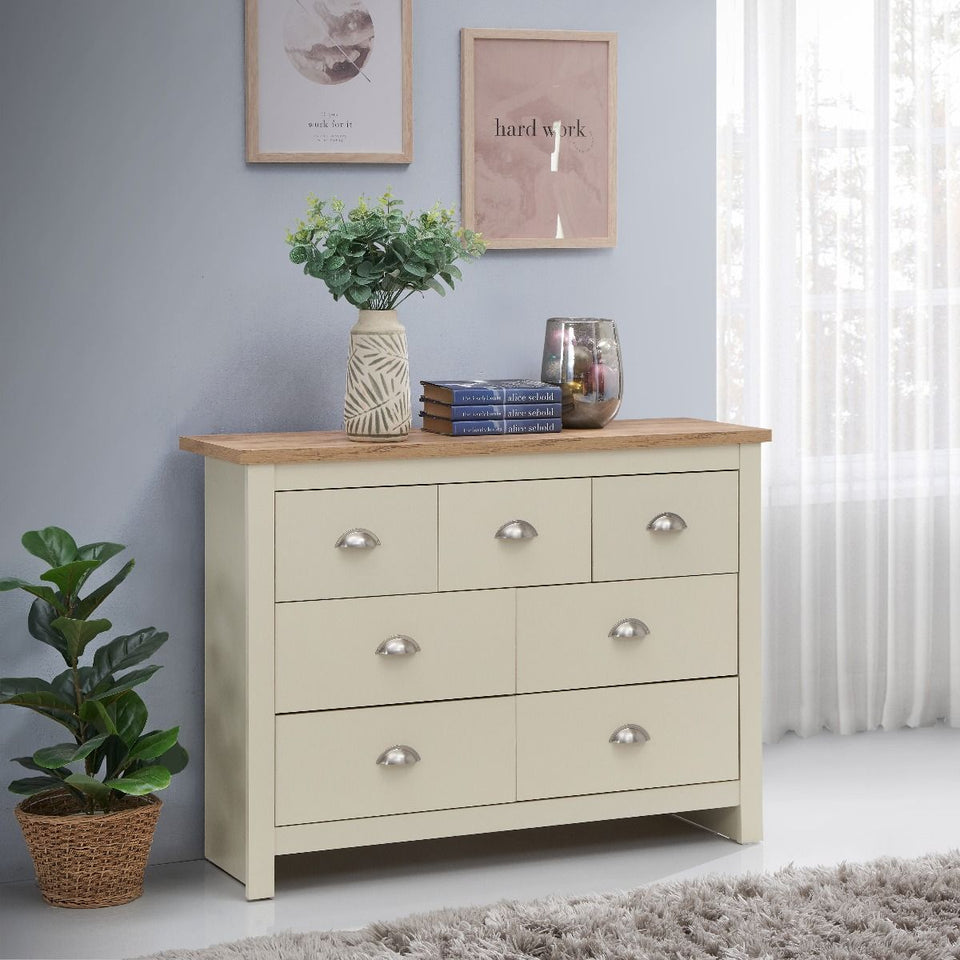 Cream Chest of 7 Drawers Bedroom Furniture Storage with Oak Effect Top and Steel Handles