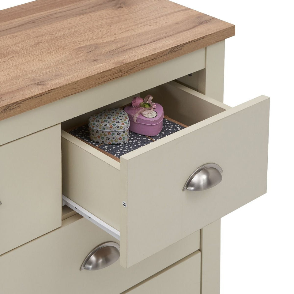 Cream Chest of 7 Drawers Bedroom Furniture Storage with Oak Effect Top and Steel Handles