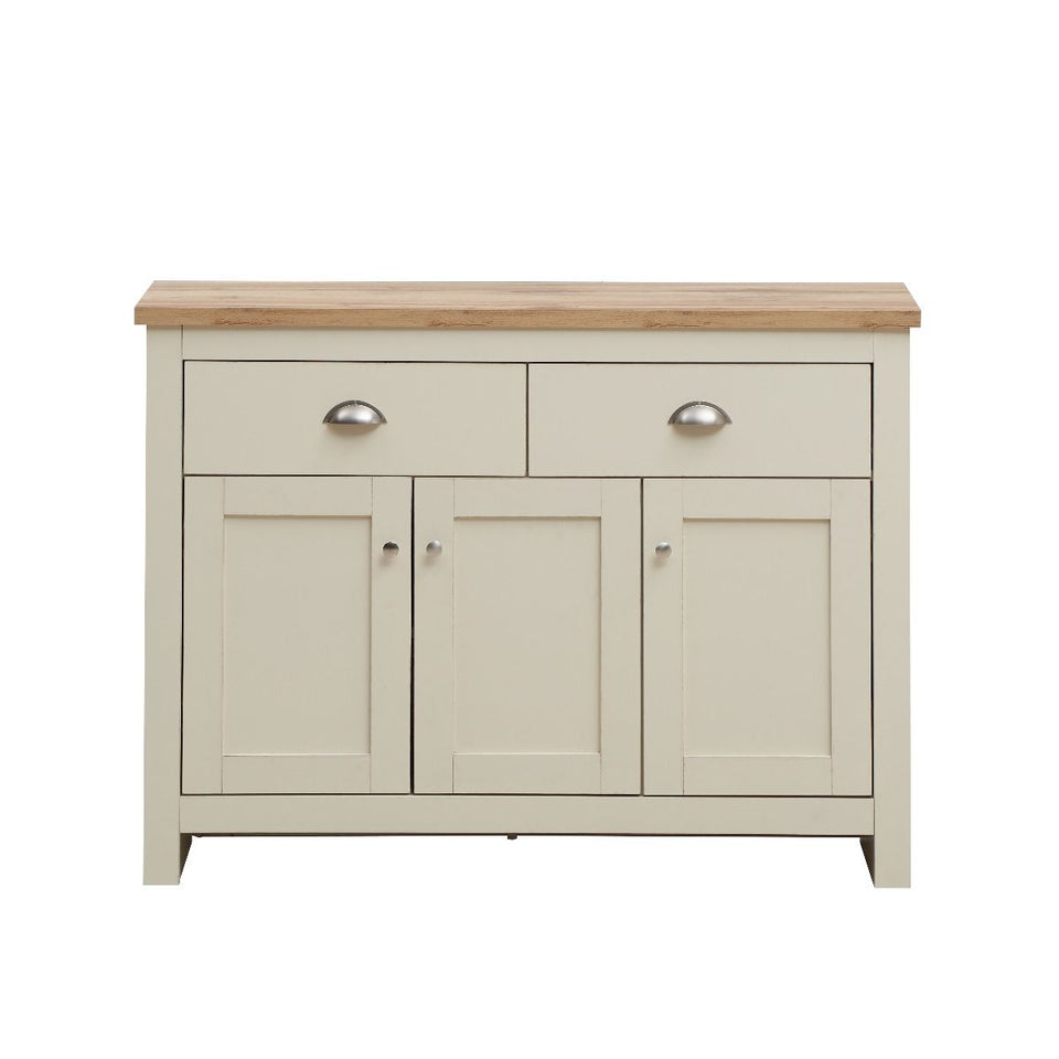 Cream Sideboard Cabinet with Oak Top – 3 Door 2 Drawer Storage Unit for Living or Dining Room