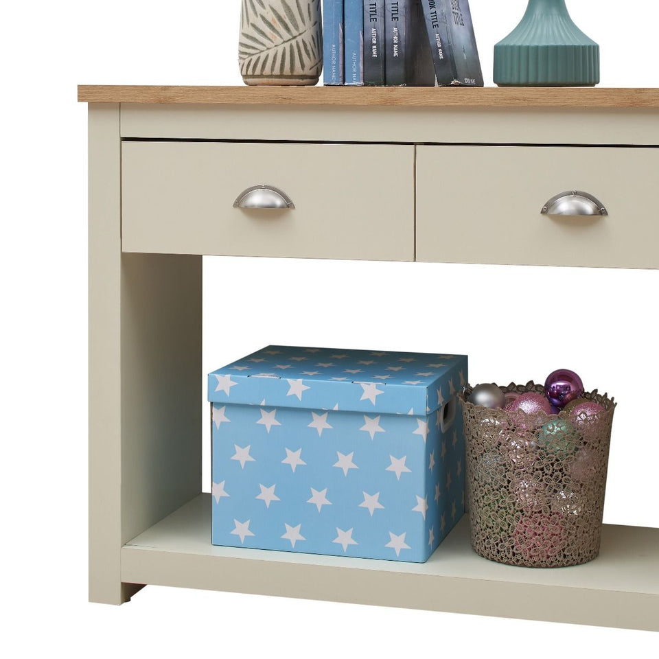 Ite Cream and Oak Effect Console Table 2 Drawer Sideboard Cabinet Storage for Living and Dining Room Furniture