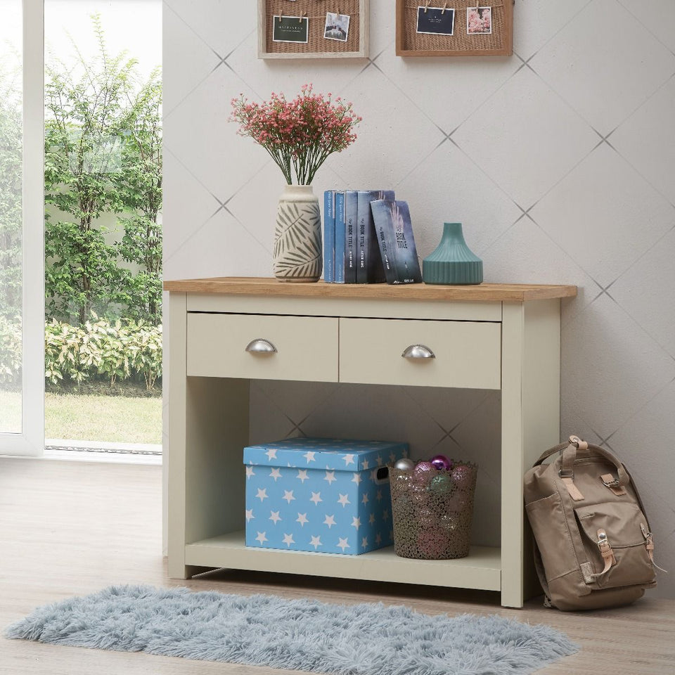 Ite Cream and Oak Effect Console Table 2 Drawer Sideboard Cabinet Storage for Living and Dining Room Furniture