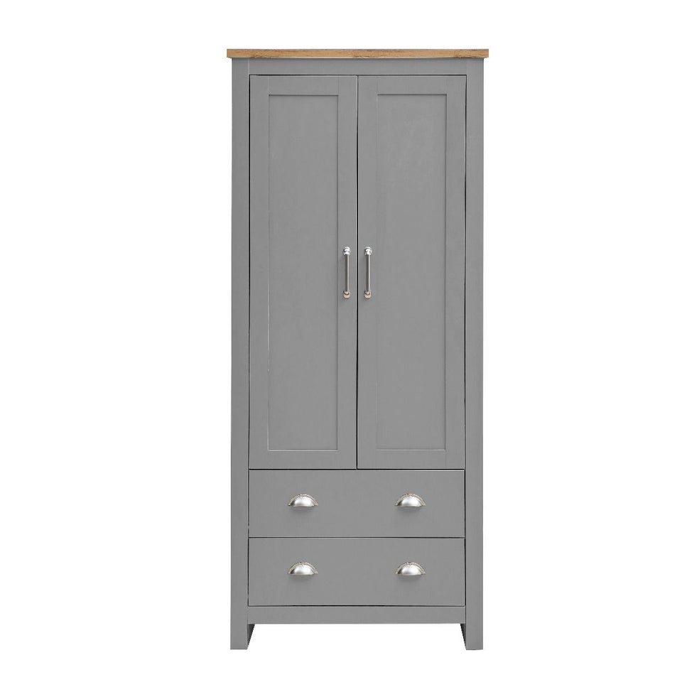 3 Piece Bedroom Furniture Set  2 Door Wardrobe, 7 Drawer Chest, and 1 Drawer Bedside Cabinet in Light Grey with Oak Tops