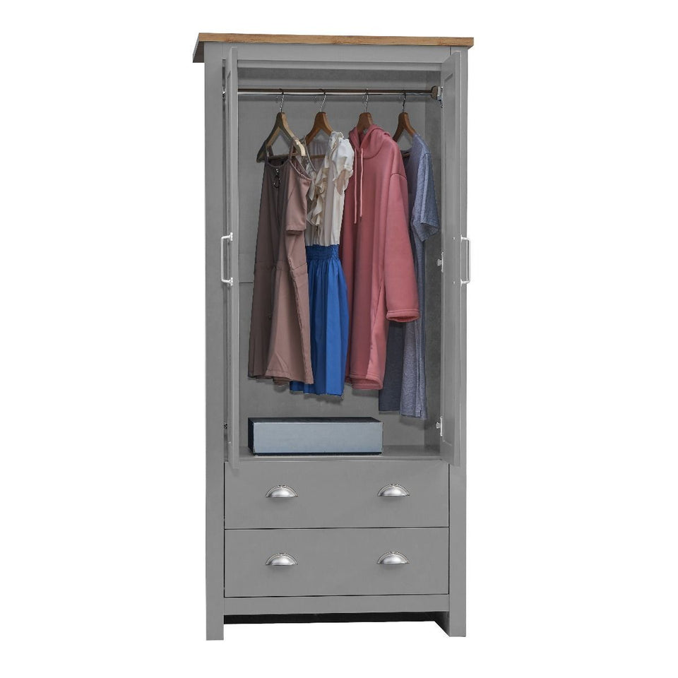 3 Piece Bedroom Furniture Set  2 Door Wardrobe, 7 Drawer Chest, and 1 Drawer Bedside Cabinet in Light Grey with Oak Tops