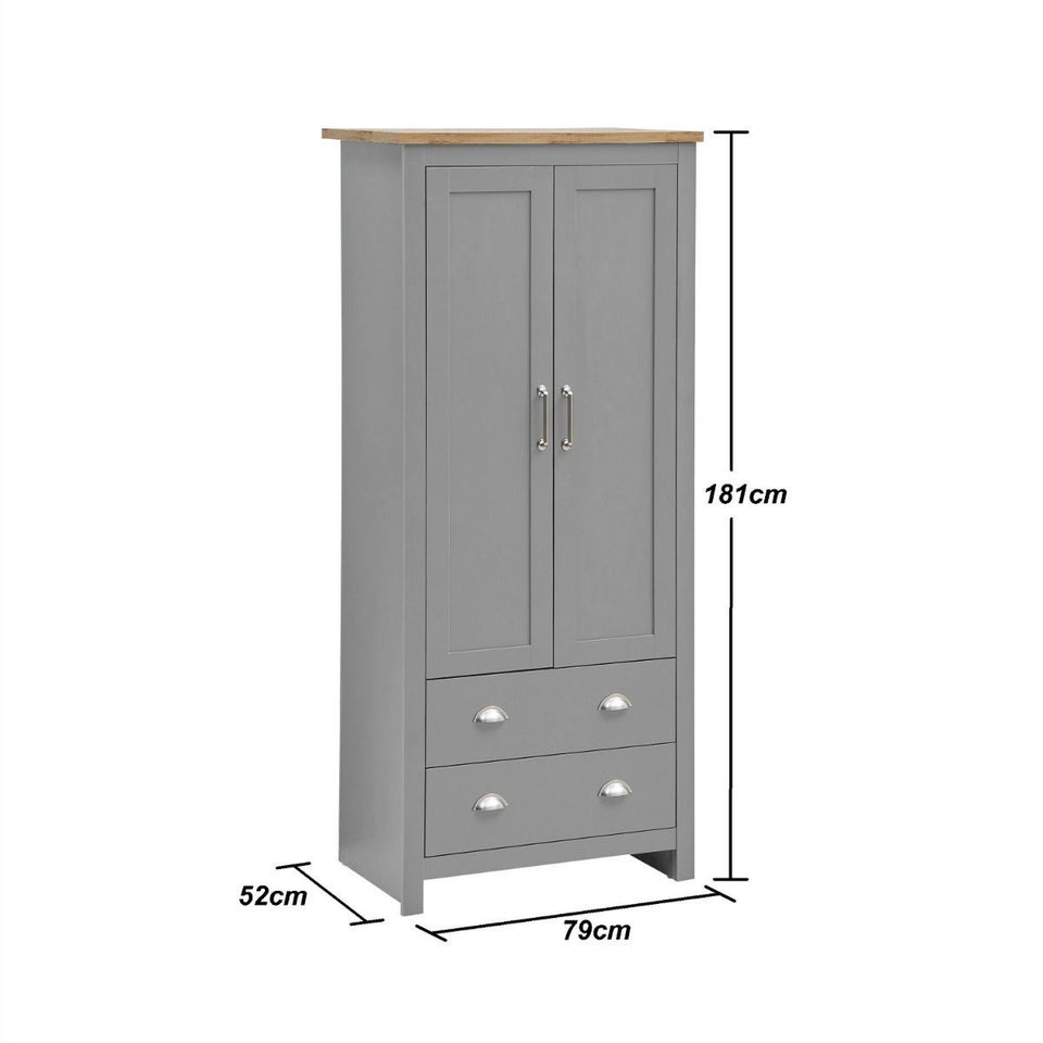 3 Piece Bedroom Furniture Set  2 Door Wardrobe, 7 Drawer Chest, and 1 Drawer Bedside Cabinet in Light Grey with Oak Tops