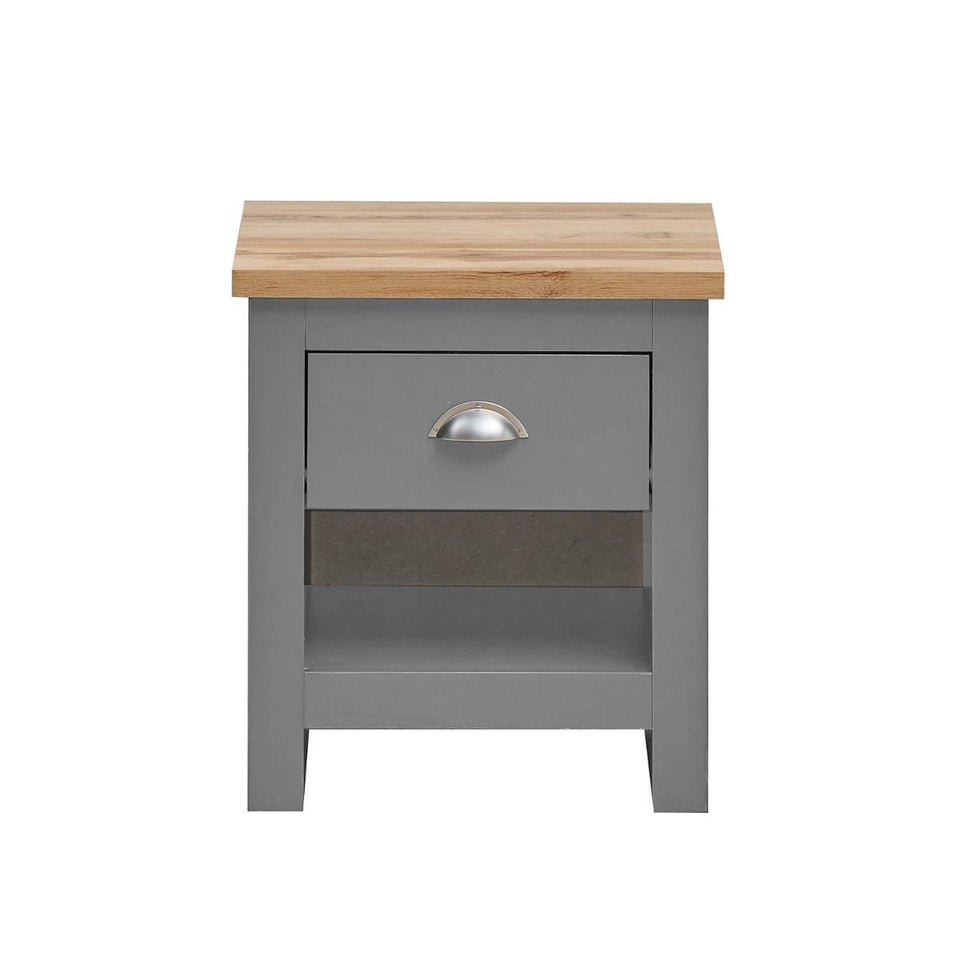 3 Piece Bedroom Furniture Set – 2 Door Wardrobe, 4 Drawer Chest, and 1 Drawer Bedside Cabinet in Light Grey with Oak Tops