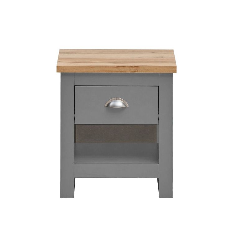 3 Piece Bedroom Furniture Set  2 Door Wardrobe, 7 Drawer Chest, and 1 Drawer Bedside Cabinet in Light Grey with Oak Tops