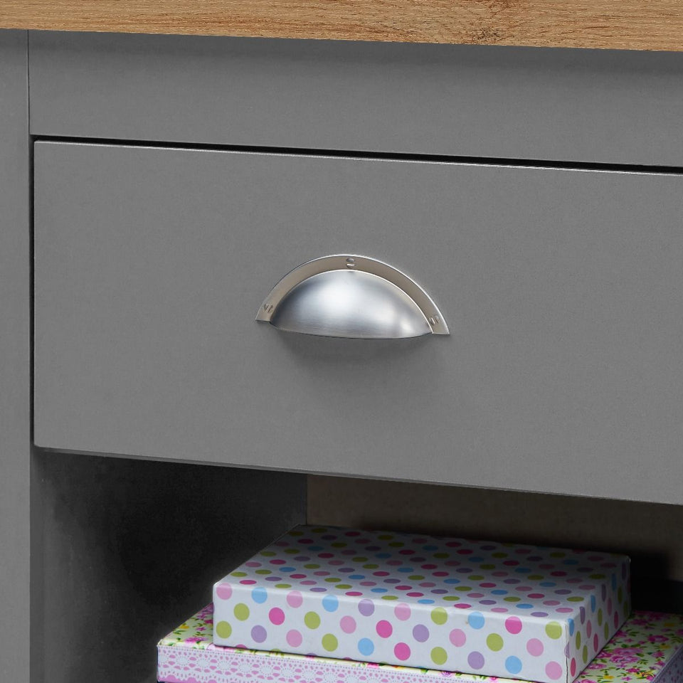 3 Piece Bedroom Furniture Set  2 Door Wardrobe, 7 Drawer Chest, and 1 Drawer Bedside Cabinet in Light Grey with Oak Tops