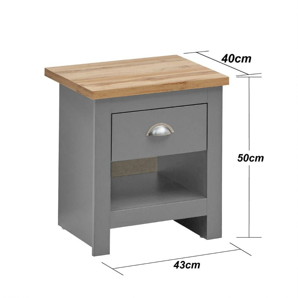3 Piece Bedroom Furniture Set  2 Door Wardrobe, 7 Drawer Chest, and 1 Drawer Bedside Cabinet in Light Grey with Oak Tops