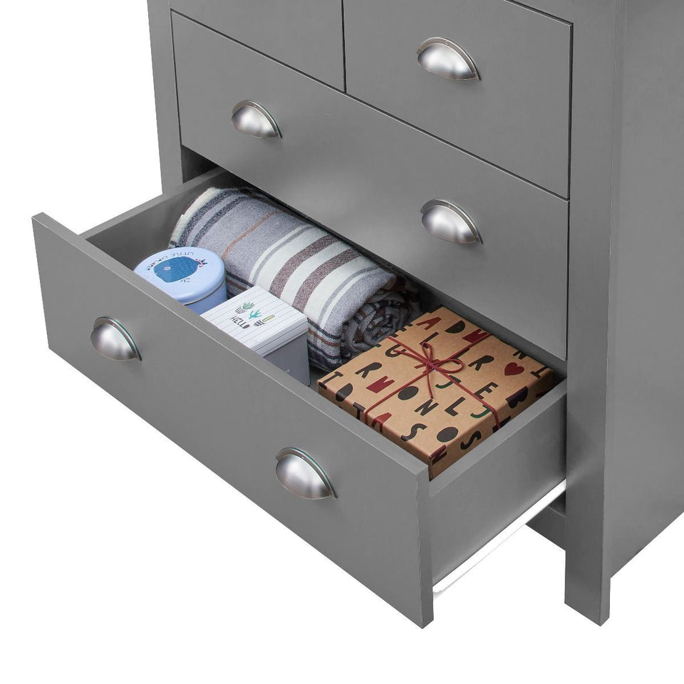 3 Piece Bedroom Furniture Set – 2 Door Wardrobe, 4 Drawer Chest, and 1 Drawer Bedside Cabinet in Light Grey with Oak Tops