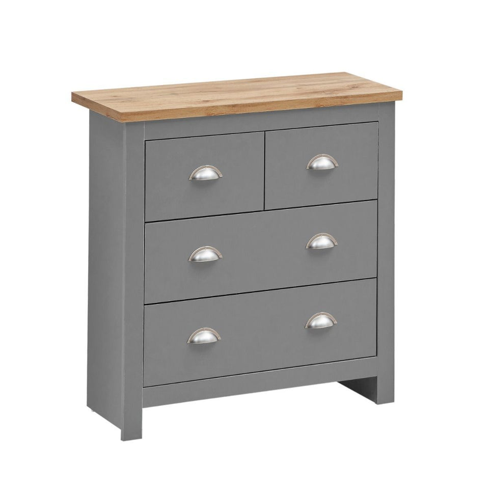 3 Piece Bedroom Furniture Set – 2 Door Wardrobe, 4 Drawer Chest, and 1 Drawer Bedside Cabinet in Light Grey with Oak Tops