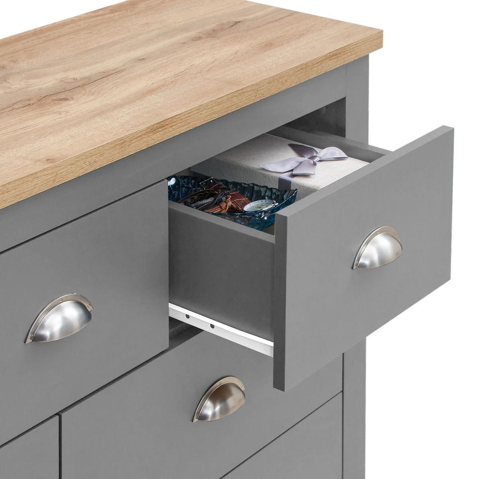 3 Piece Bedroom Furniture Set  2 Door Wardrobe, 7 Drawer Chest, and 1 Drawer Bedside Cabinet in Light Grey with Oak Tops
