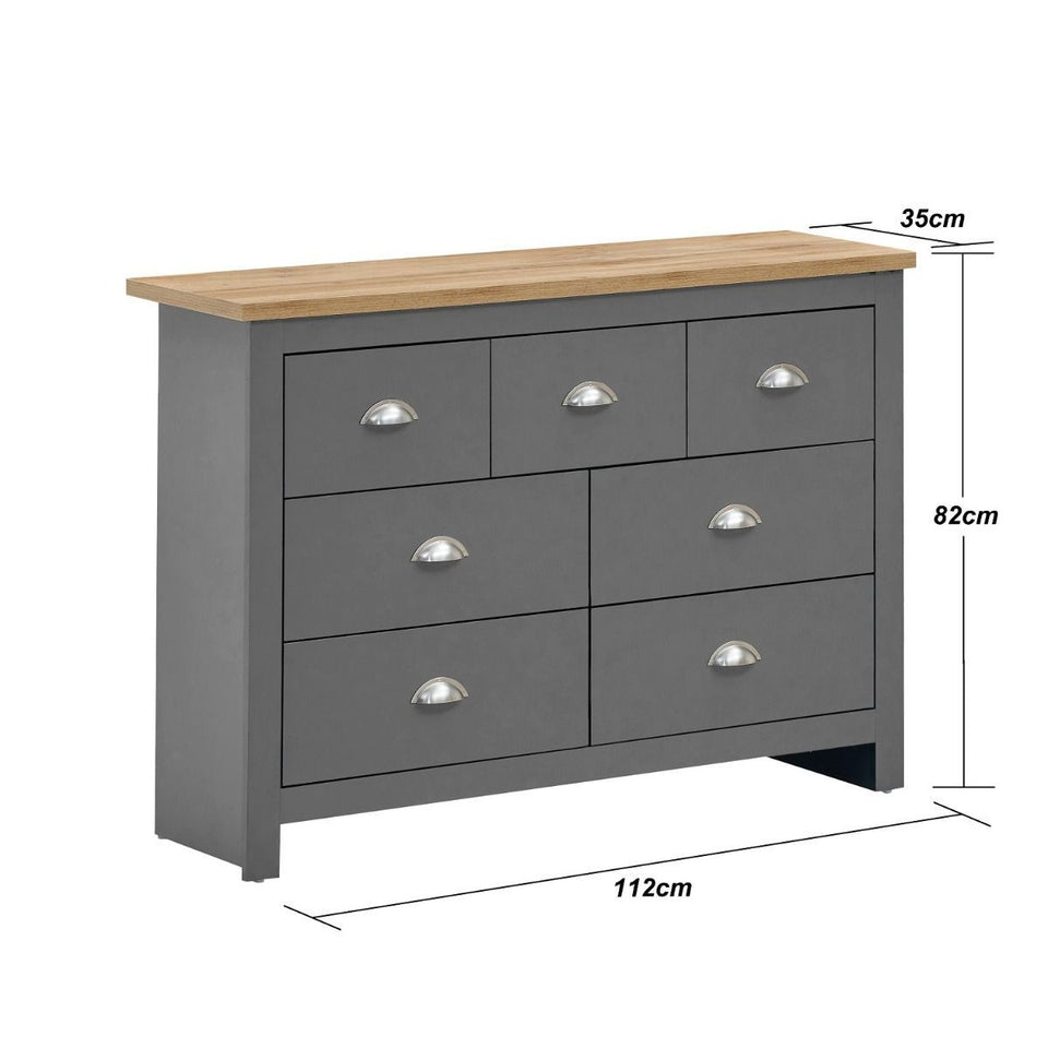 3 Piece Bedroom Furniture Set  2 Door Wardrobe, 7 Drawer Chest, and 1 Drawer Bedside Cabinet in Light Grey with Oak Tops