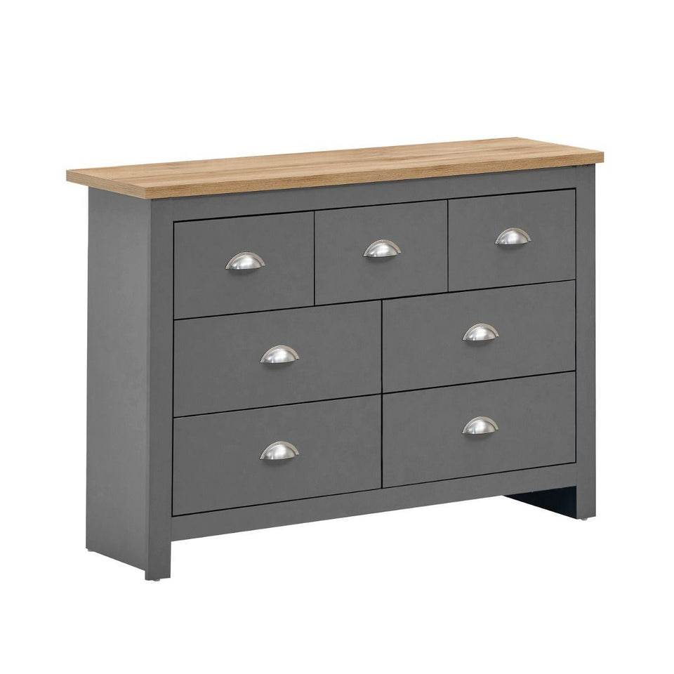 3 Piece Bedroom Furniture Set  2 Door Wardrobe, 7 Drawer Chest, and 1 Drawer Bedside Cabinet in Light Grey with Oak Tops