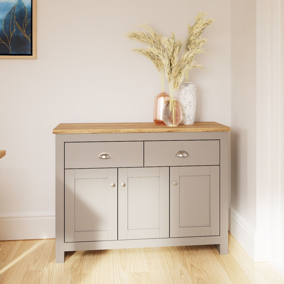 Grey Sideboard Cabinet with Oak Top – 3 Door 2 Drawer Storage Unit for Dining or Living Room