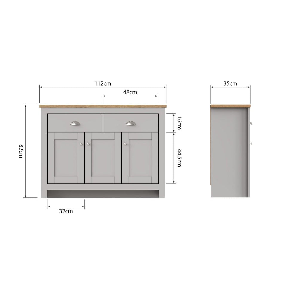 Grey Sideboard Cabinet with Oak Top – 3 Door 2 Drawer Storage Unit for Dining or Living Room