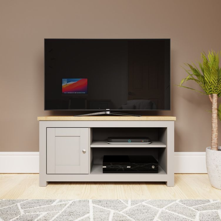 TV Stand Cabinet Unit – Modern TV Unit with 1 Door and Open Shelf in Light Grey with Cascading Oak Top