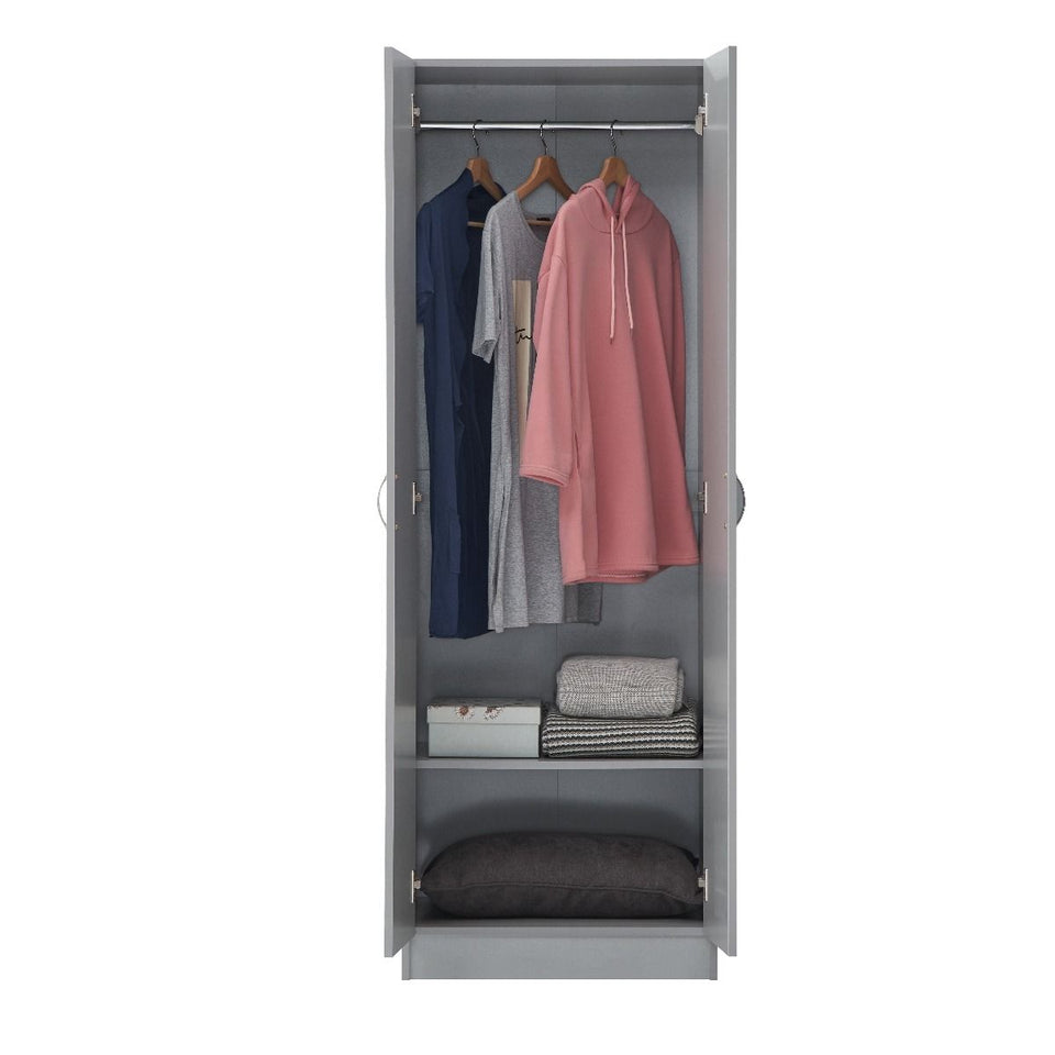 2-Door Light Grey Wardrobe with Hanging Rail and Shelf – Modern Bedroom Storage