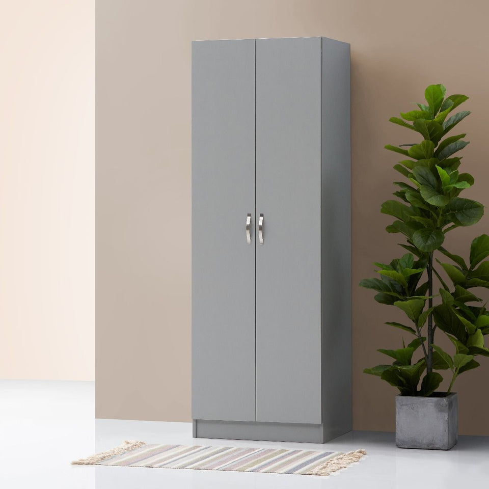 2-Door Light Grey Wardrobe with Hanging Rail and Shelf – Modern Bedroom Storage