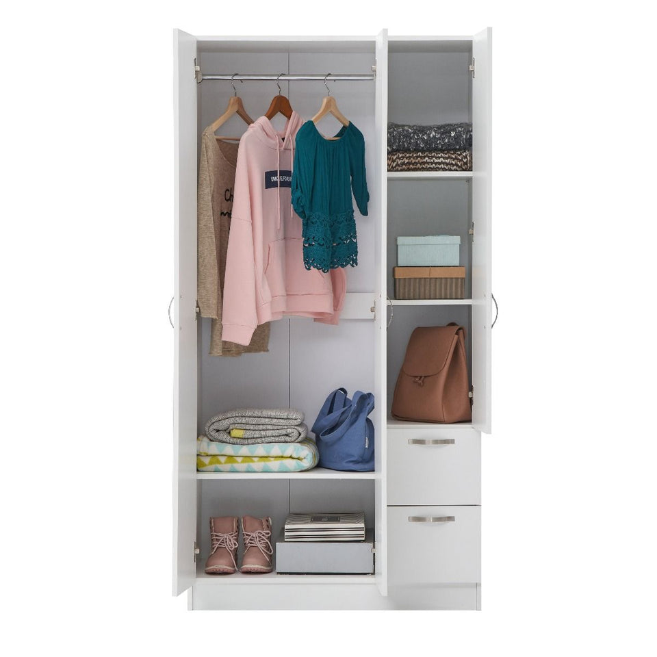 3-Door White Wardrobe with Hanging Rail, Shelves, and Drawers – Modern Bedroom Storage