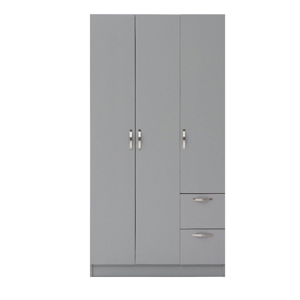 3-Door Dark Grey Wardrobe with Hanging Rail, Shelves, and Drawers – Modern Bedroom Storage