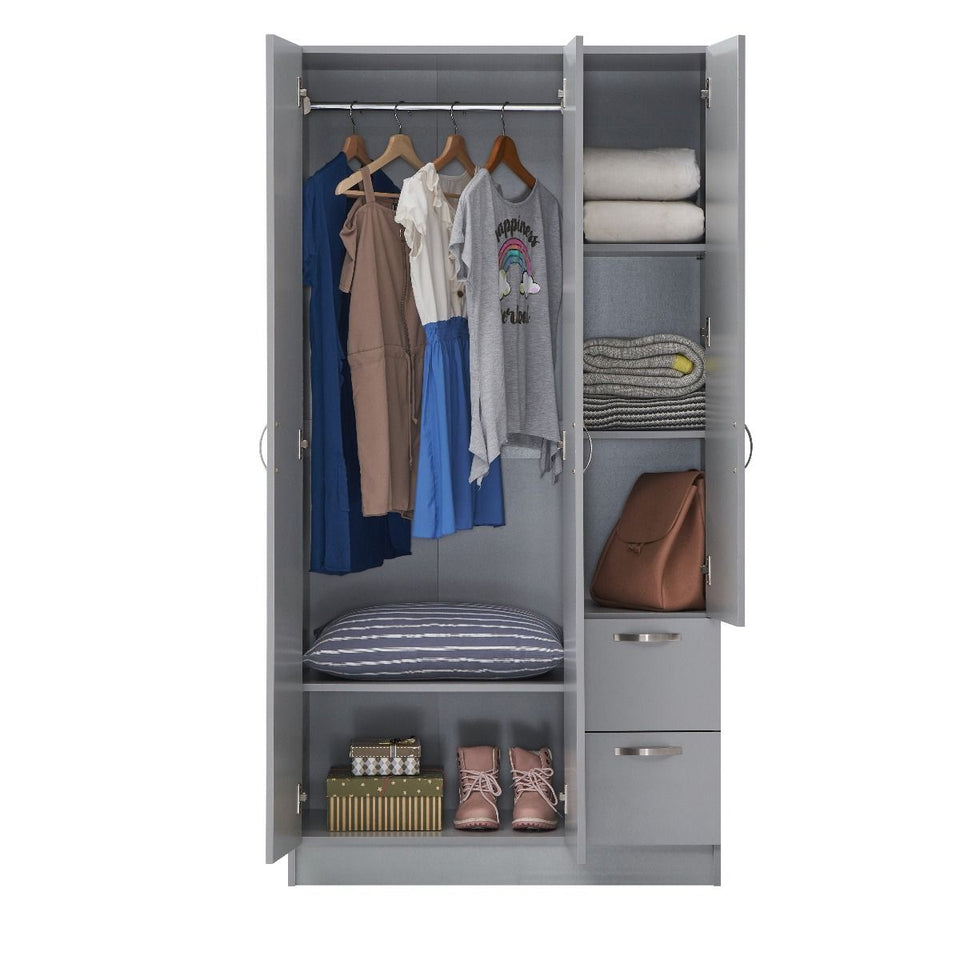 3-Door Dark Grey Wardrobe with Hanging Rail, Shelves, and Drawers – Modern Bedroom Storage
