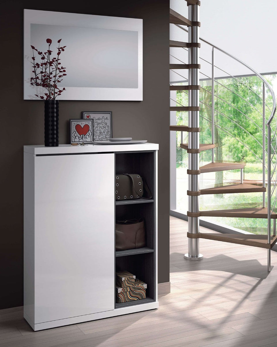 Contemporary White Gloss Shoe Cupboard with Mirror and Shelves