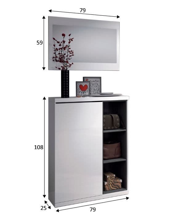 Contemporary White Gloss Shoe Cupboard with Mirror and Shelves