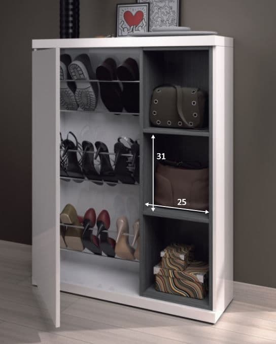 Contemporary White Gloss Shoe Cupboard with Mirror and Shelves