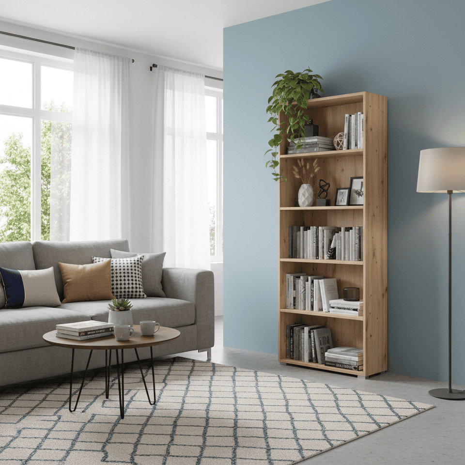 Thomas White and Oak Effect Narrow Tall Bookcase by Lavish Kitchen Isle, 176.5cm high vertical storage with multiple shelves