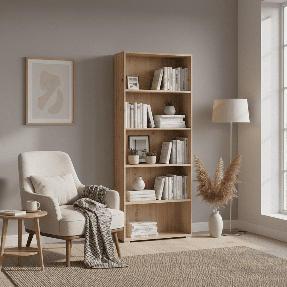 Thomas White and Oak Effect Narrow Tall Bookcase by Lavish Kitchen Isle, 176.5cm high, vertical storage with multiple shelves
