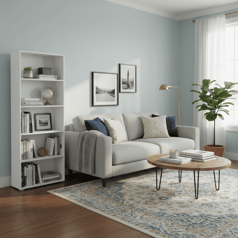 Tall Thomas White and Oak Effect Narrow Bookcase, 176.5cm high, vertical storage solution with sleek design and multiple shelves.