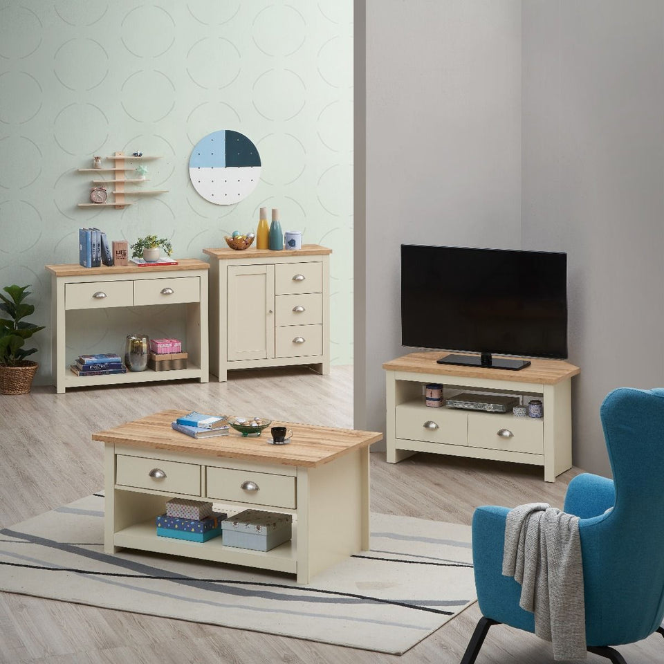 Ite Cream and Oak Effect Console Table 2 Drawer Sideboard Cabinet Storage for Living and Dining Room Furniture