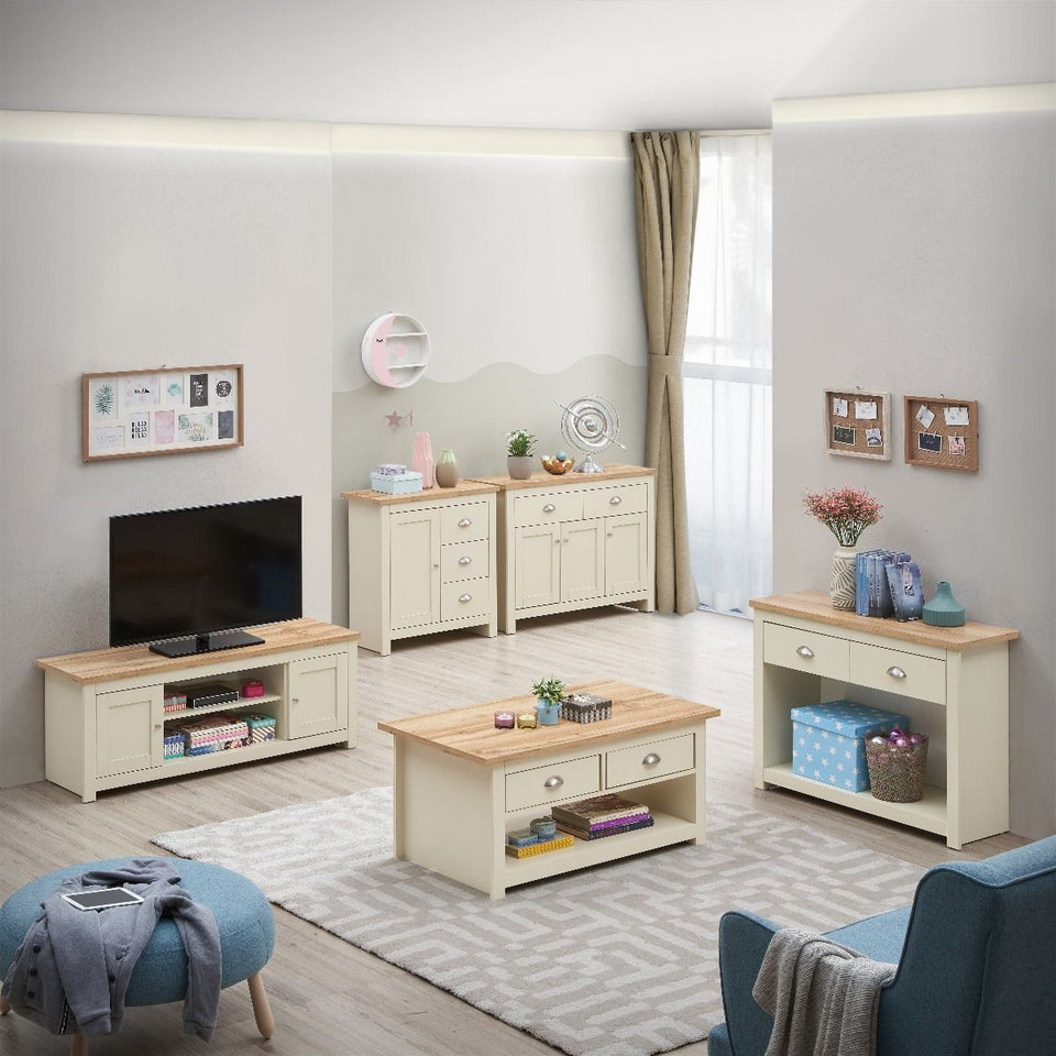 Cream Sideboard Cabinet with Oak Top – 3 Door 2 Drawer Storage Unit for Living or Dining Room