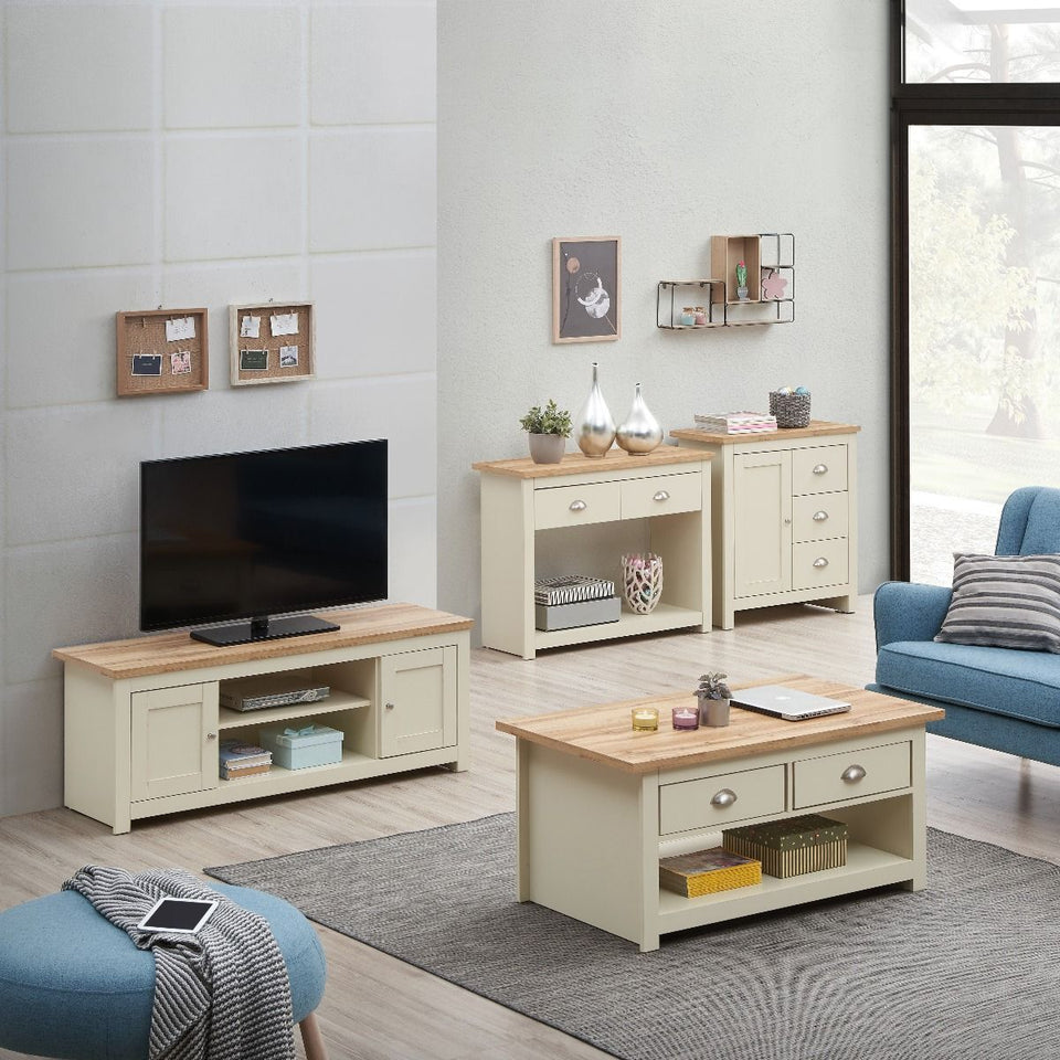 Ite Cream and Oak Effect Console Table 2 Drawer Sideboard Cabinet Storage for Living and Dining Room Furniture