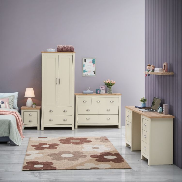 Ite Cream Nightstand with 2 Drawers Stylish Bedroom Bedside Table with Oak Effect Top