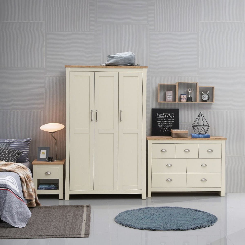 Cream Nightstand with 1 Drawer Versatile Bedside Table with Oak Effect Top & Shelf