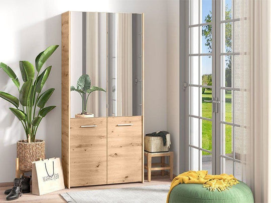 Lavish Oak Effect Mirrored Shoe Cabinet Tall Space-Saving Shoe Rack for Up to 50 Pairs, 8-Shelf Organiser