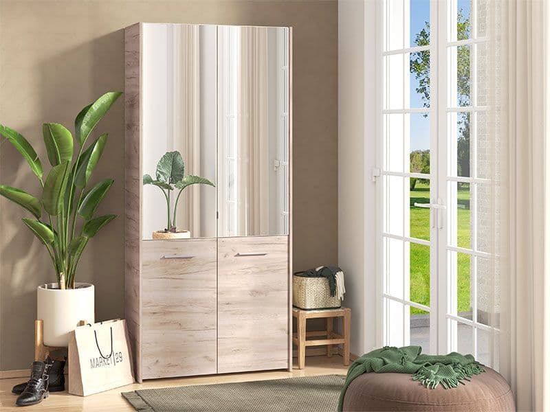 Lavish Oak Effect Mirrored Shoe Cabinet Tall Space-Saving Shoe Rack for Up to 50 Pairs, 8-Shelf Organiser