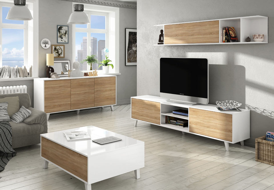 Contemporary Coffee Table with Storage Compartment – Oak and White