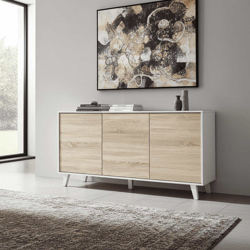 White sideboard with oak effect finish, featuring sleek storage compartments, from Lavish Kitchen Isle.