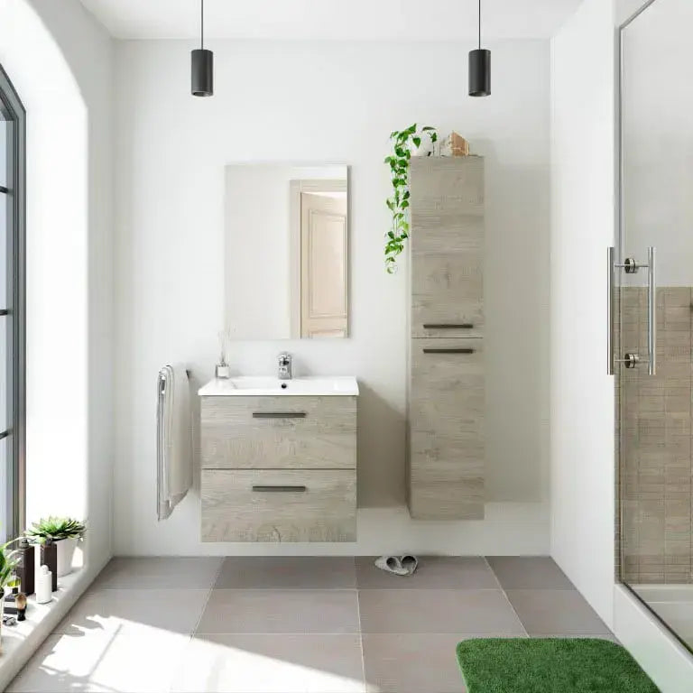 Lavish Kitchen Isle Lano White Gloss floating bathroom cupboard with two doors, wall-mounted storage unit in oak effect finish.