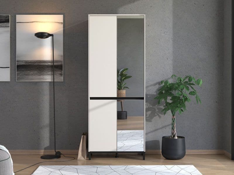 Tall Mirrored Shoe Cabinet – Cashmere Taupe – 4 Door, 8 Shelf Storage