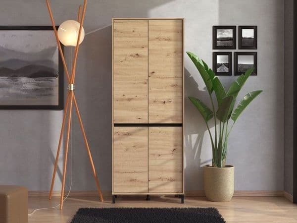 Tall Oak Effect Shoe Cabinet – 4 Doors, 8 Shelves, 40 Pair Storage