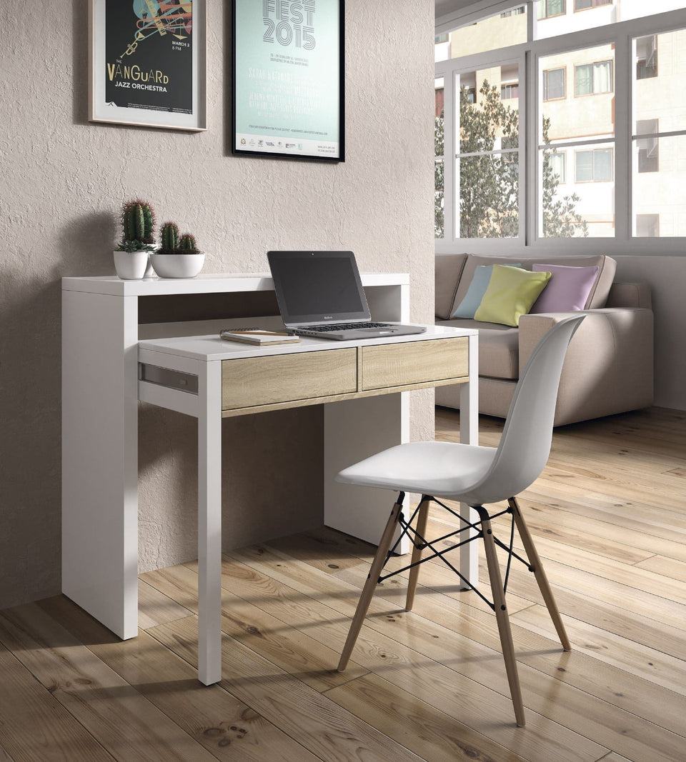 Omomy Arctic White and Oak effect extending desk or dressing table, suitable for study, office, or home use by Lavish Kitchen Isle.