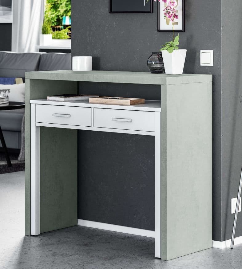 Omomy extendable console desk in Arctic White and Concrete Grey, versatile home or office desk with sleek modern design.