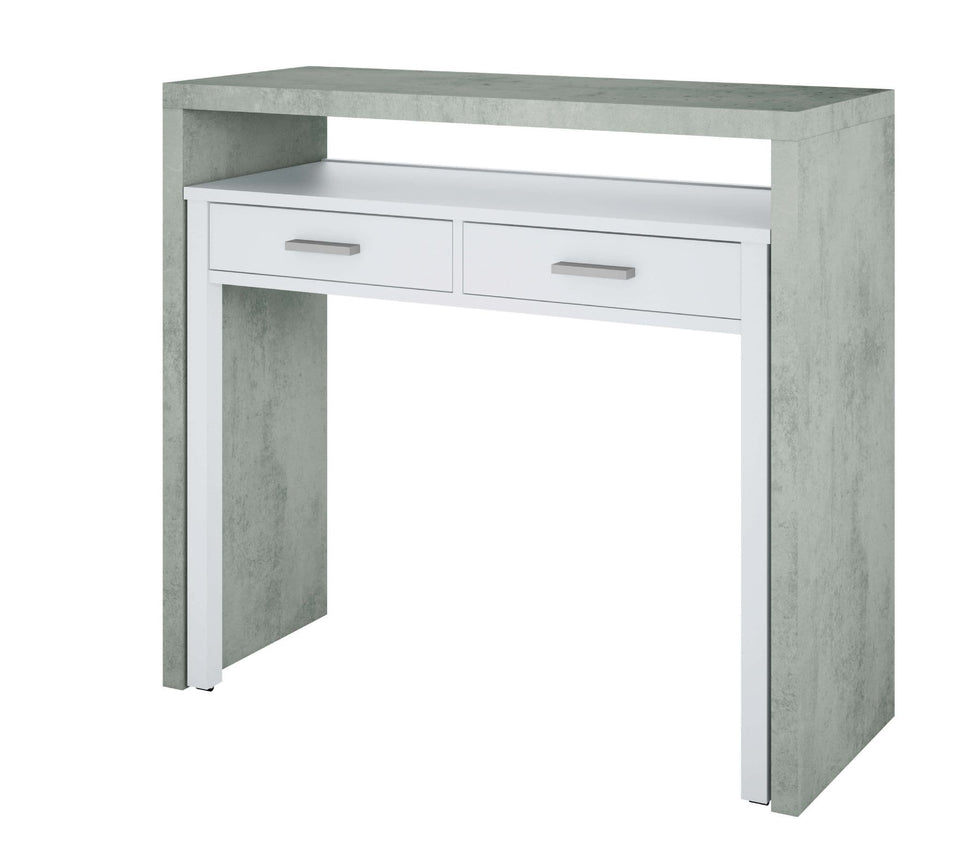 Omomy Arctic White and Concrete Grey extendable desk by Lavish Kitchen Isle, versatile console or dressing table with sleek design.