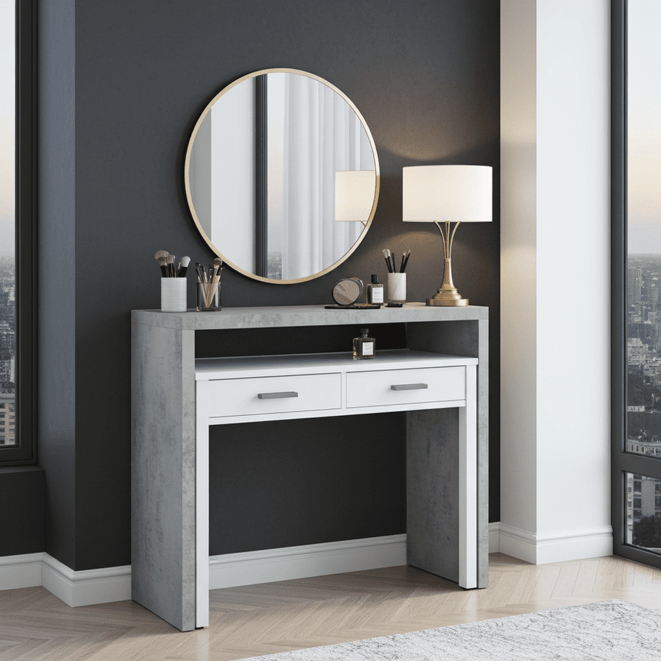 Omomy Arctic White and Concrete Grey extending desk or console table by Lavish Kitchen Isle, suitable for home, study, or office use.