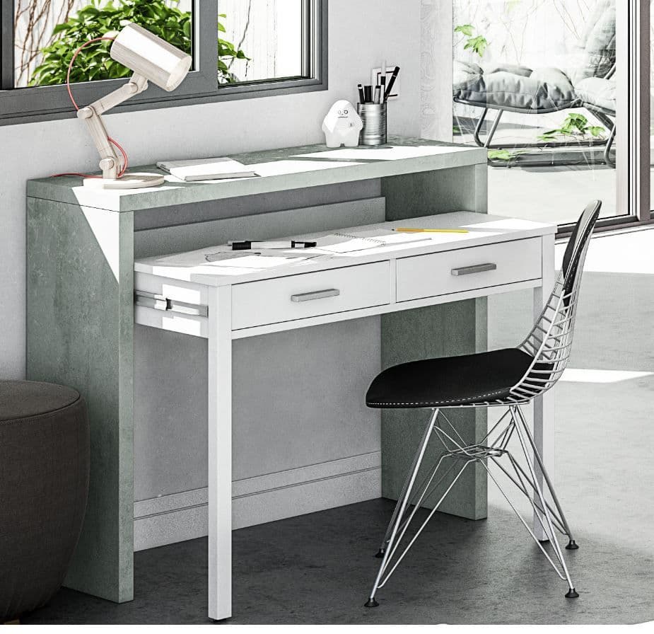 Omomy Arctic White and Concrete Grey extending desk with clean lines, ideal as a dressing table, home or office console by Lavish Kitchen Isle.